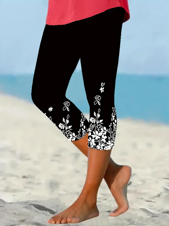 Lässig Geblümt Caprihosen Elastische Taille Print Hose