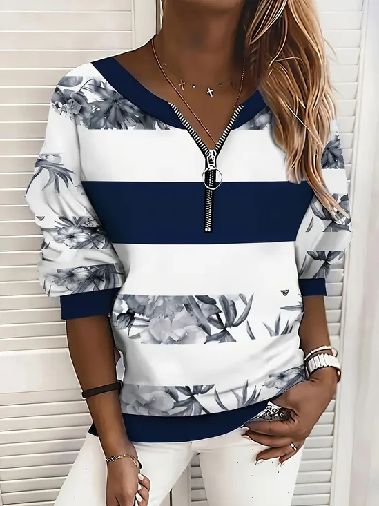 Lässig Rundhals Gestreift Sweatshirt Print