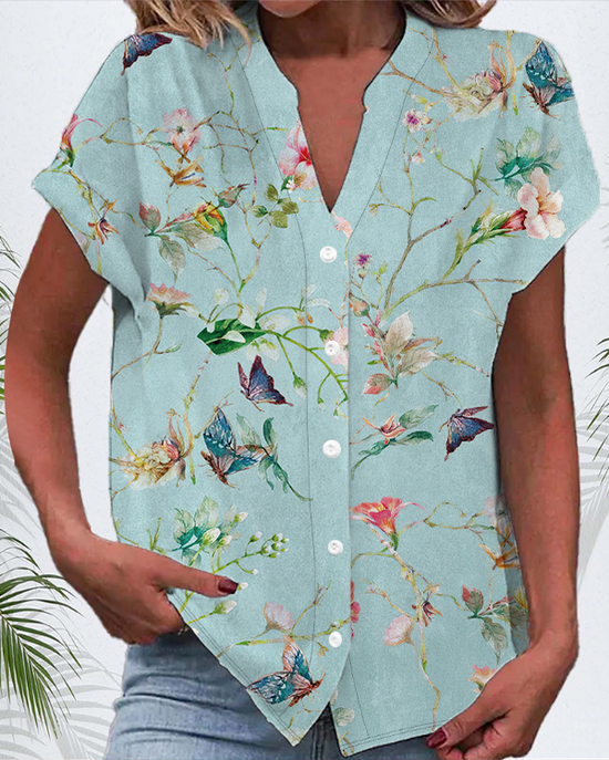 V-Ausschnitt Kurzarm Geblümt Print Regelmäßig Mikroelastizität Regelmäßige Passform Knopfhemd Bluse für Damen