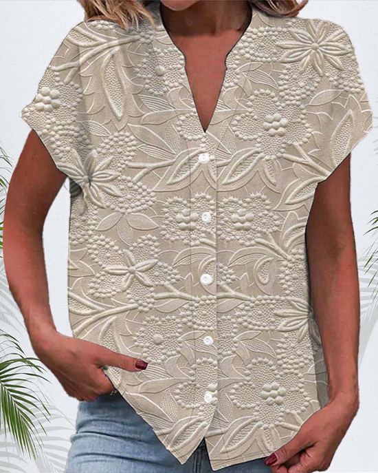 V-Ausschnitt Kurzarm Geblümt Print Regelmäßig Mikroelastizität Regelmäßige Passform Knopfhemd Bluse für Damen