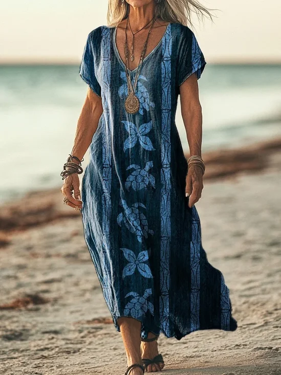 Damen Marine Leben V-Ausschnitt Kurzarm Bequem Lässig Print Maxikleid