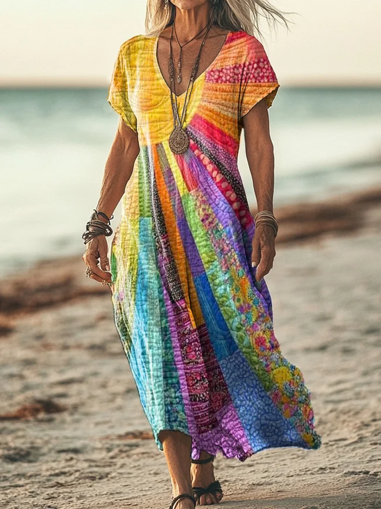 Damen Geblümt V-Ausschnitt Kurzarm Bequem Lässig Print Maxikleid