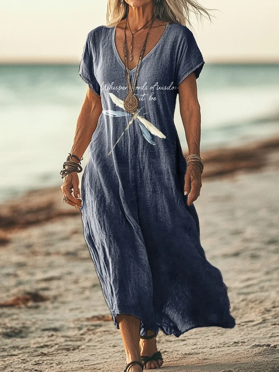 Damen Libelle V-Ausschnitt Kurzarm Bequem Lässig Print Maxikleid