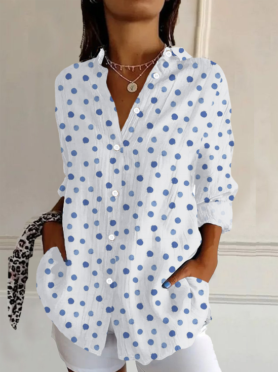 Hemdkragen Langarm Polka Dots Schnalle Regelmäßig Weit Knopfhemd Bluse für Damen