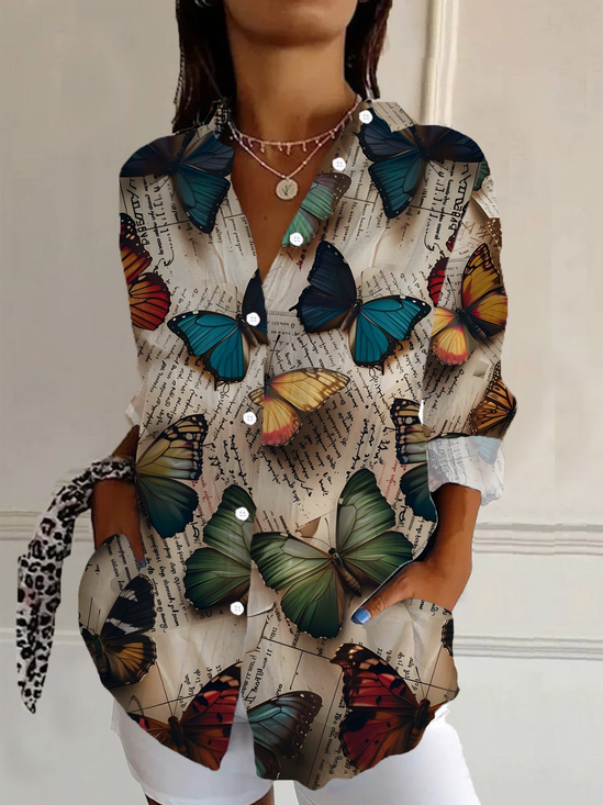 Hemdkragen Langarm Schmetterling Schnalle Regelmäßig Weit Knopfhemd Bluse für Damen
