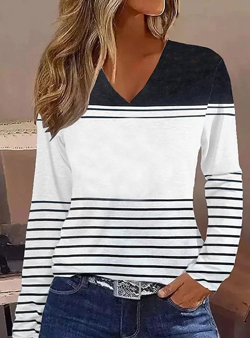 Lässig Gestreift V-Ausschnitt Langarm T-Shirt
