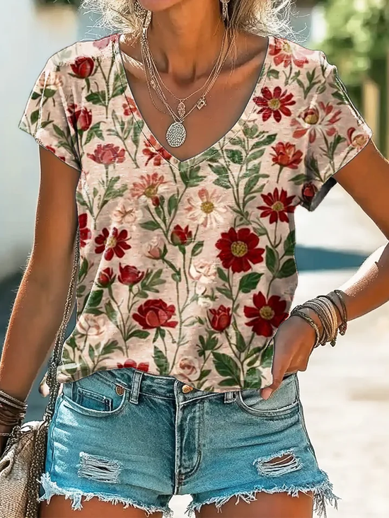 Lässig Geblümt V-Ausschnitt Kurzarm T-Shirt