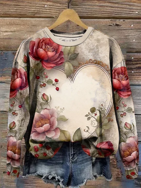 Lässig Rundhals Geblümt Sweatshirt Print