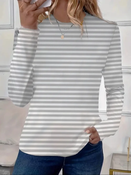 Lässig Gestreift Rundhals Langarm T-Shirt