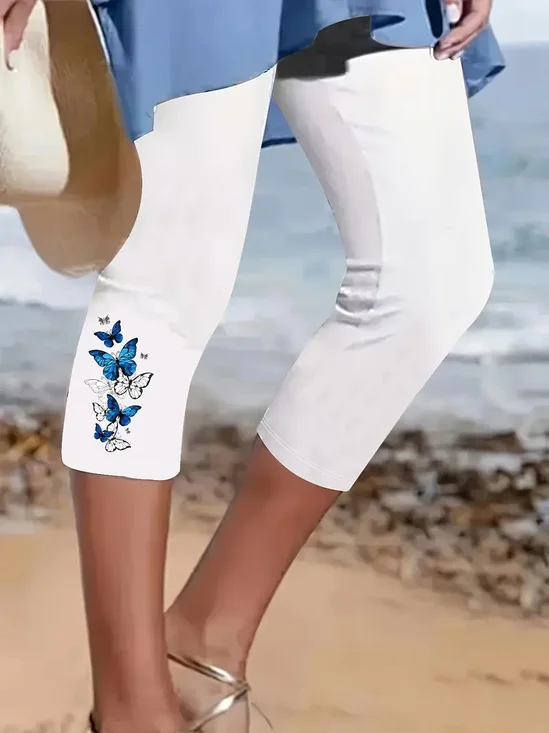 Lässig Schmetterling Caprihosen Elastische Taille Print Hose