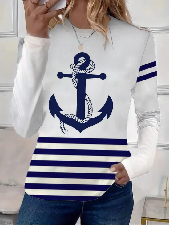 Lässig Gestreift Rundhals Langarm T-Shirt