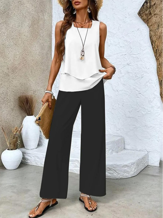 Damen Unifarben Karree-Ausschnitt Ärmellos Bequem Lässig Bluse mit Hose Zweiteiliges Set