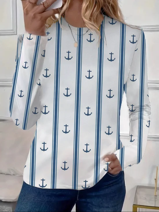 Lässig Gestreift Rundhals Langarm T-Shirt
