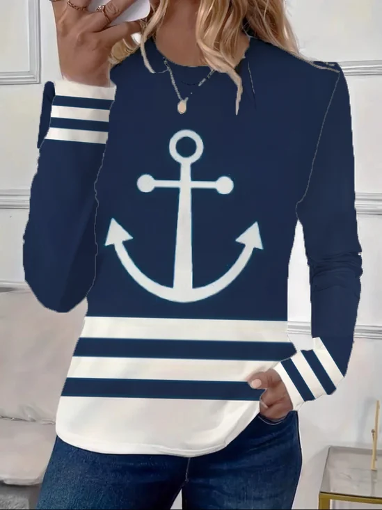 Lässig Gestreift Rundhals Langarm T-Shirt