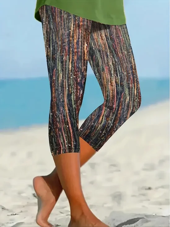 Lässig abstrakte Streifen Caprihosen Elastische Taille Print Hose