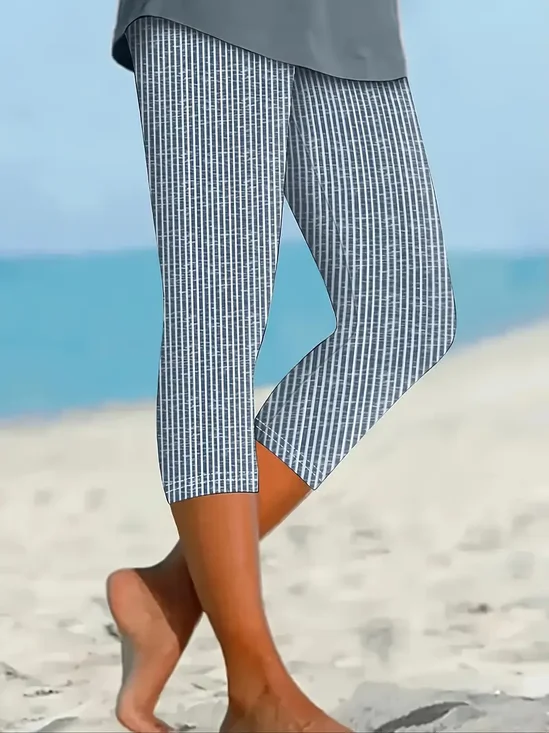 Damen Gestreift Caprihosen Elastische Taille Hose Lässig Sommer Hose
