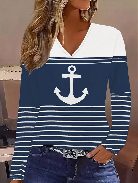 Lässig Gestreift V-Ausschnitt Langarm T-Shirt