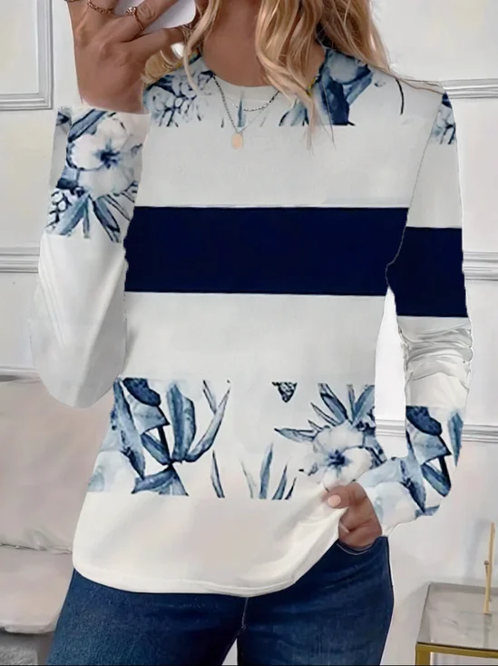 Lässig Geblümt Rundhals Langarm T-Shirt