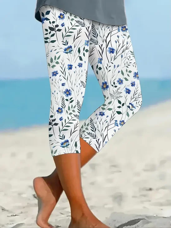 Lässig Geblümt Caprihosen Elastische Taille Print Hose