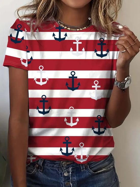 Lässig Gestreift Rundhals Kurzarm T-Shirt