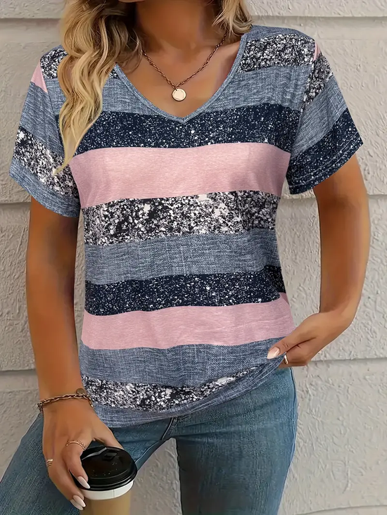 Lässig Gestreift V-Ausschnitt Kurzarm T-Shirt