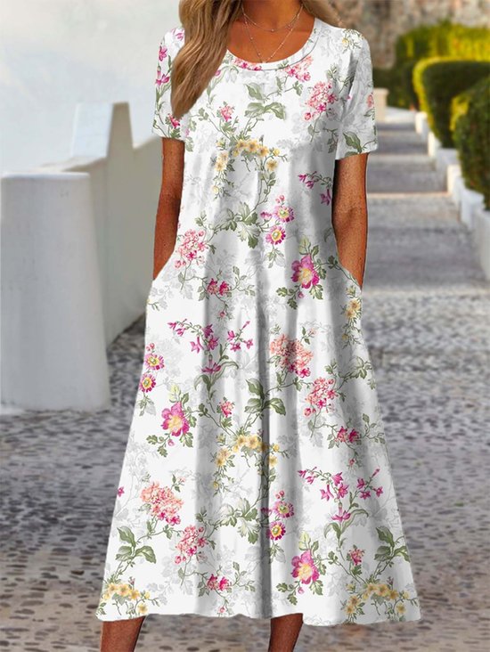 Damen Gestreift Rundhals Halbarm Bequem Retro Maxikleid