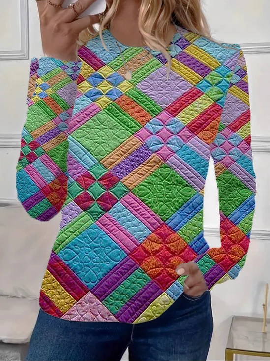 Lässig Geometrisch Rundhals Langarm T-Shirt