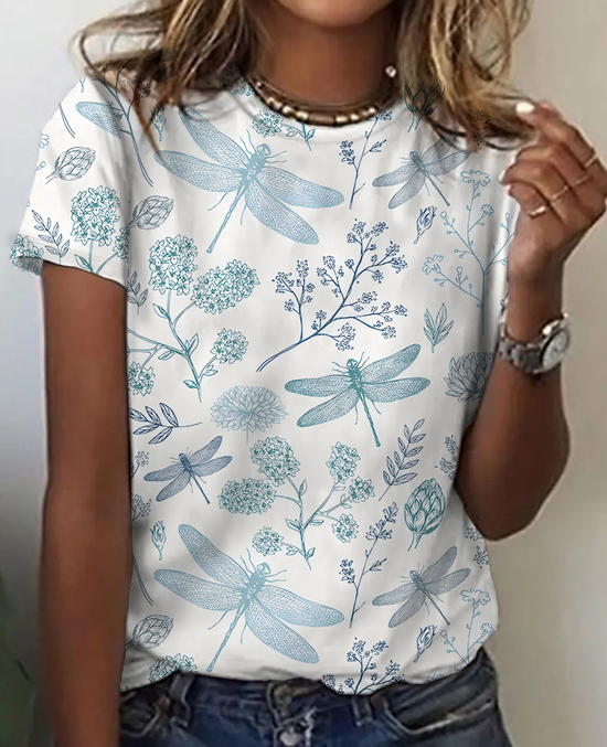 Lässig Geblümt Rundhals Kurzarm T-Shirt