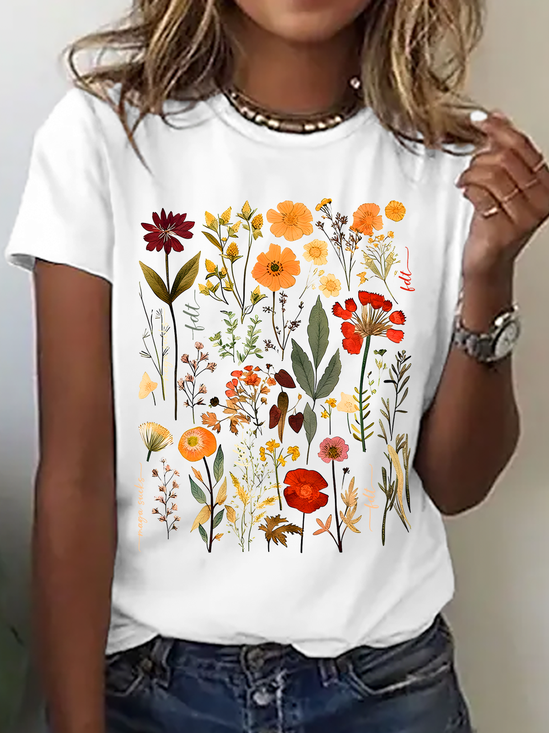 Lässig Geblümt Rundhals Kurzarm T-Shirt