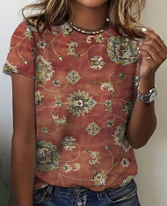 Lässig Geblümt Rundhals Kurzarm T-Shirt