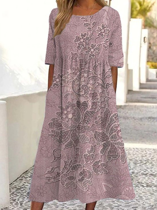 Damen Geblümt Rundhals Halbarm Bequem Retro Maxikleid