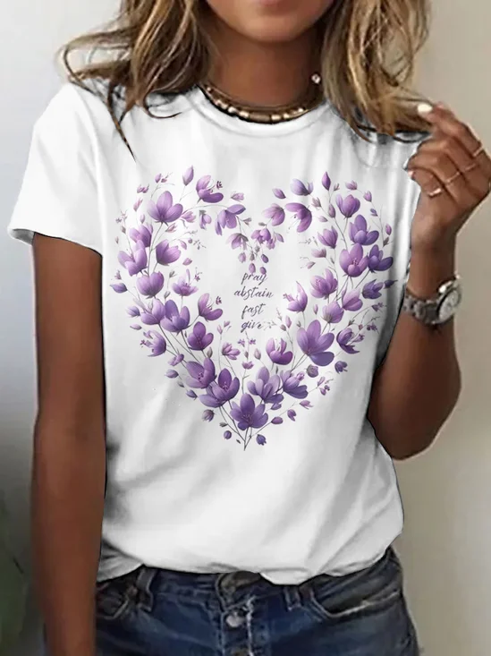 Lässig Geblümt Rundhals Kurzarm T-Shirt