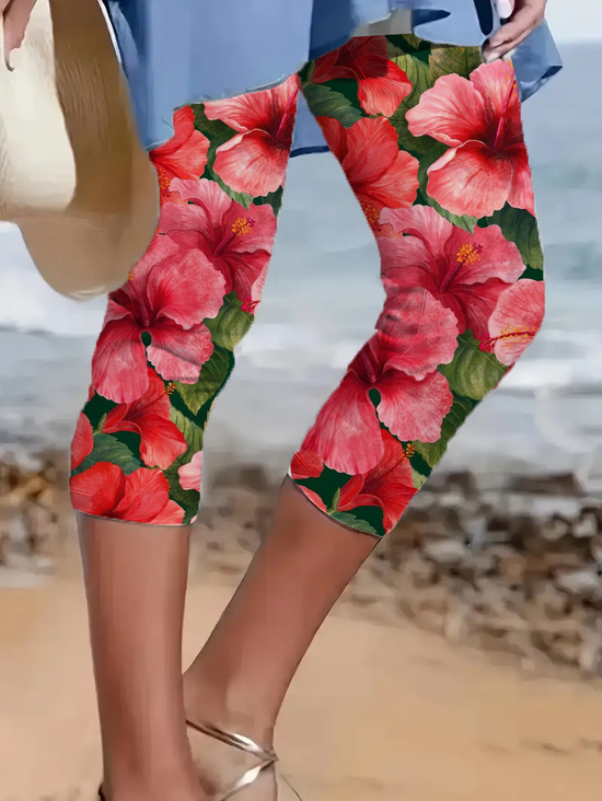 Lässig Geblümt Caprihosen Elastische Taille Print Hose