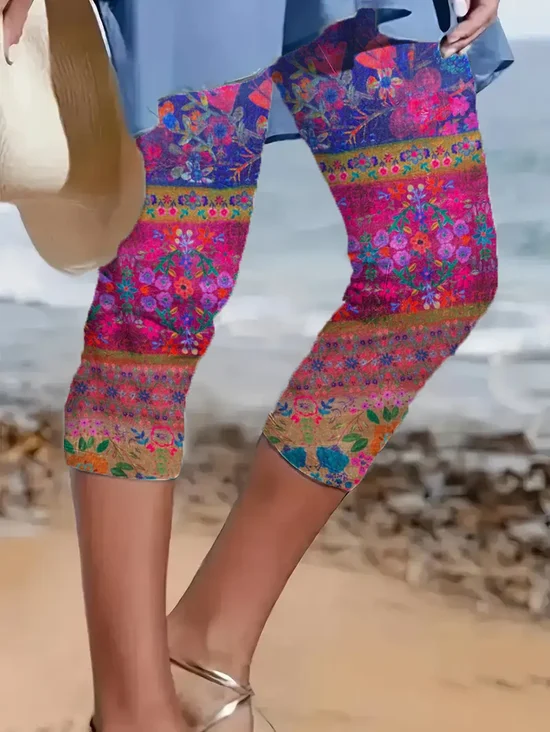 Lässig Geblümt Caprihosen Elastische Taille Print Hose