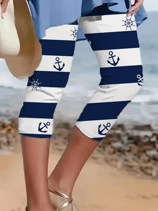 Lässig Gestreift Caprihosen Elastische Taille Print Hose