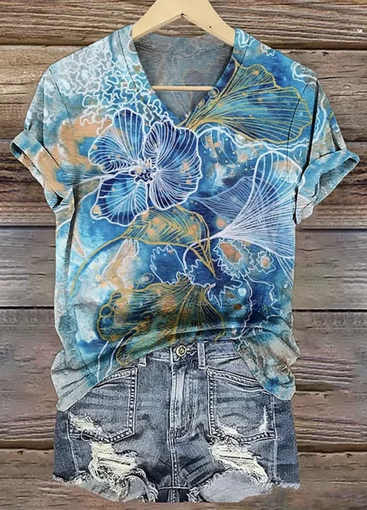 Lässig Geblümt V-Ausschnitt Kurzarm T-Shirt