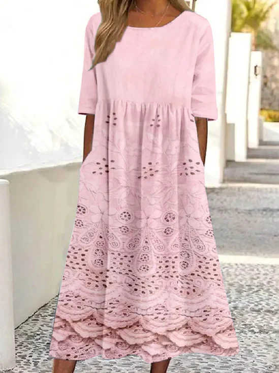 Damen Verlaufsmuster Rundhals Halbarm Bequem Retro Maxikleid