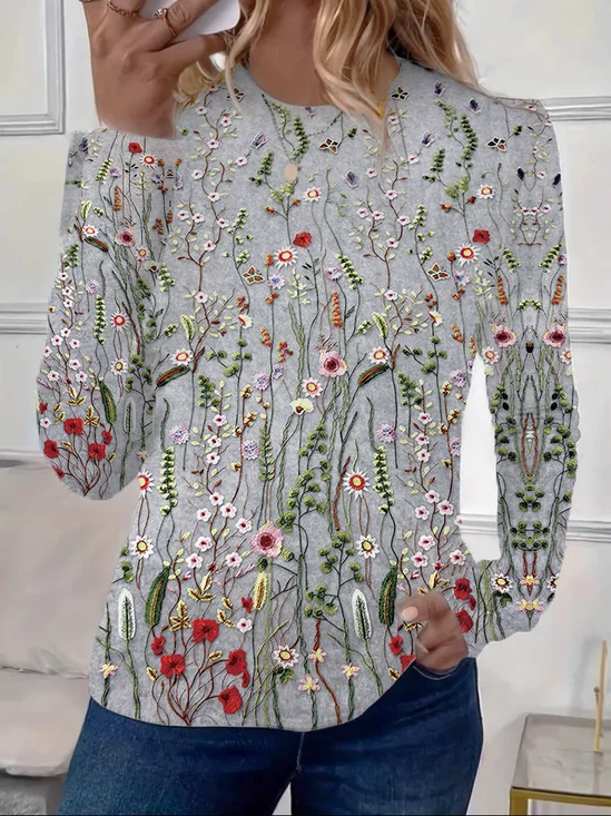Lässig Geblümt Rundhals Langarm T-Shirt