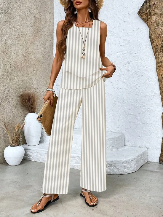 Damen Gestreift Rundhals Ärmellos Bequem Lässig Print Bluse mit Hose Zweiteiliges Set