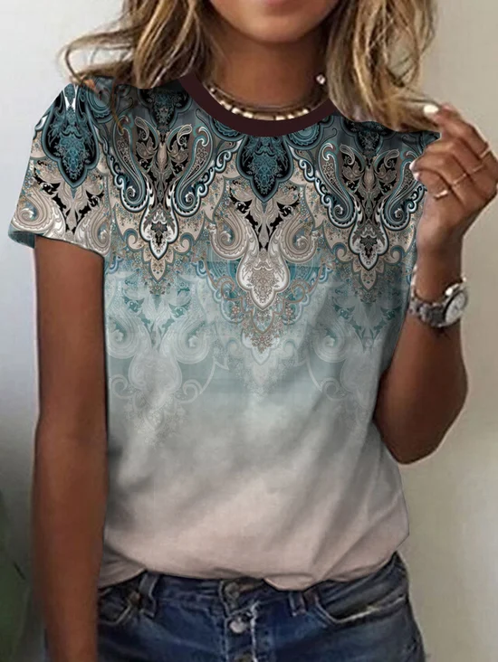 Lässig Ethnisch Rundhals Kurzarm T-Shirt