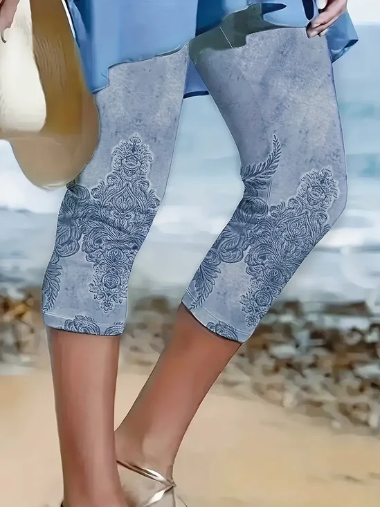 Lässig Geblümt Caprihosen Elastische Taille Print Hose