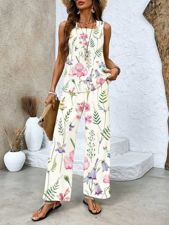 Damen Geblümt Rundhals Ärmellos Bequem Lässig Print Bluse mit Hose Zweiteiliges Set