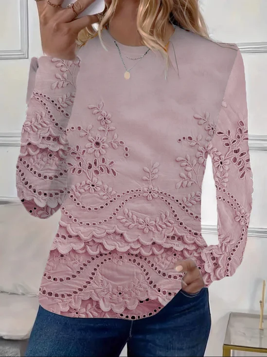 Lässig Geblümt Rundhals Langarm T-Shirt