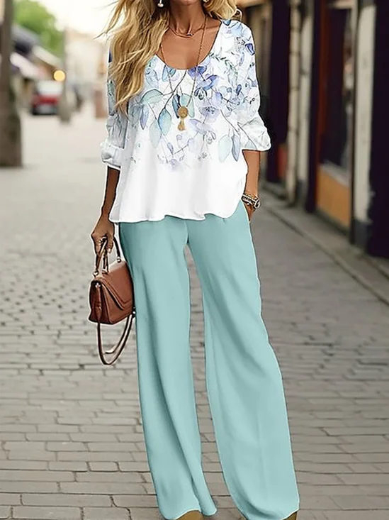 Damen Geblümt Rundhals Langarm Bequem Lässig Print Bluse mit Hose Zweiteiliges Set