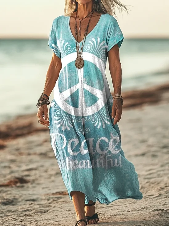 Damen Hippie V-Ausschnitt Kurzarm Bequem Lässig Print Maxikleid