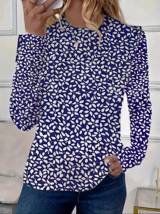 Lässig Geblümt Rundhals Langarm T-Shirt