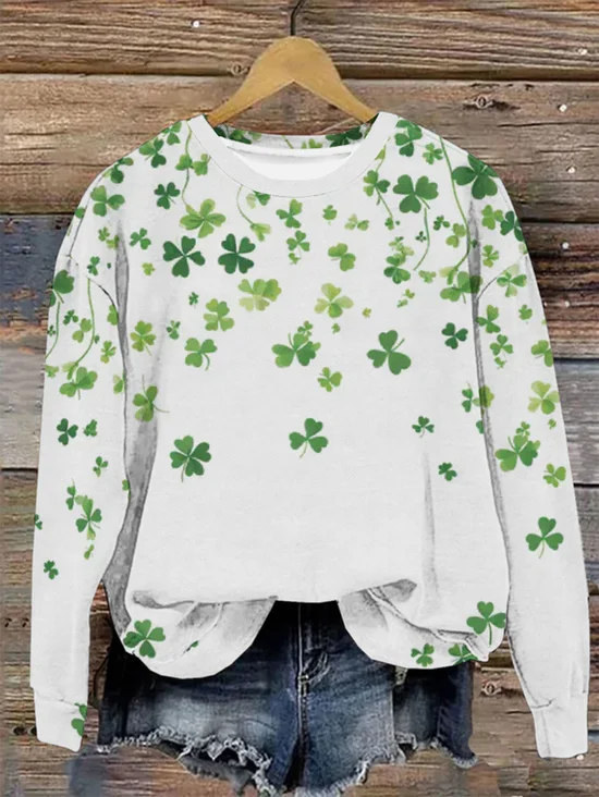 Lässig Rundhals vierblättriges Kleeblatt Sweatshirt