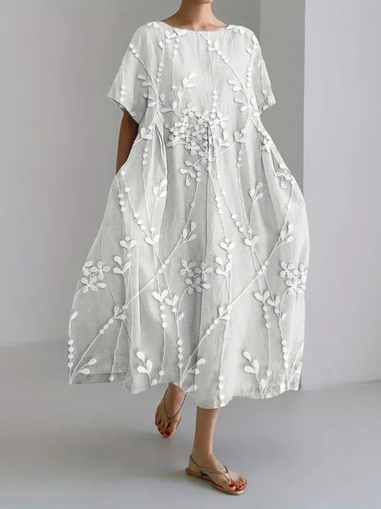 Damen Geblümt Muster Rundhals Kurzarm Bequem Lässig Maxikleid