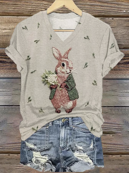 Lässig Tier V-Ausschnitt Kurzarm T-Shirt