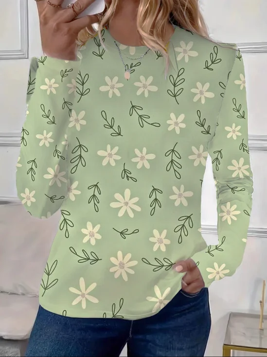 Lässig Geblümt Rundhals Langarm T-Shirt